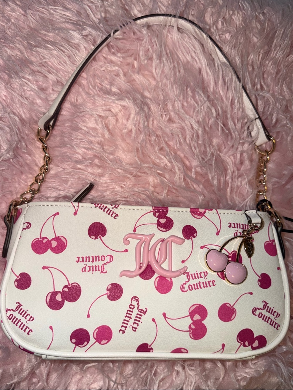 Juicy Couture Shoulder Bag w Pink Cherry Print and Gold Chain